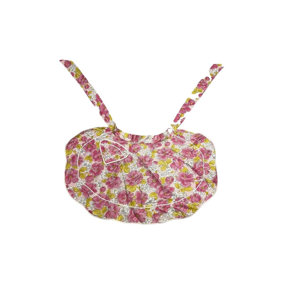 Pink Half Apron 60s Barbie Style Vintage Floral Yellow Ric Rac Pocket Waist Ties